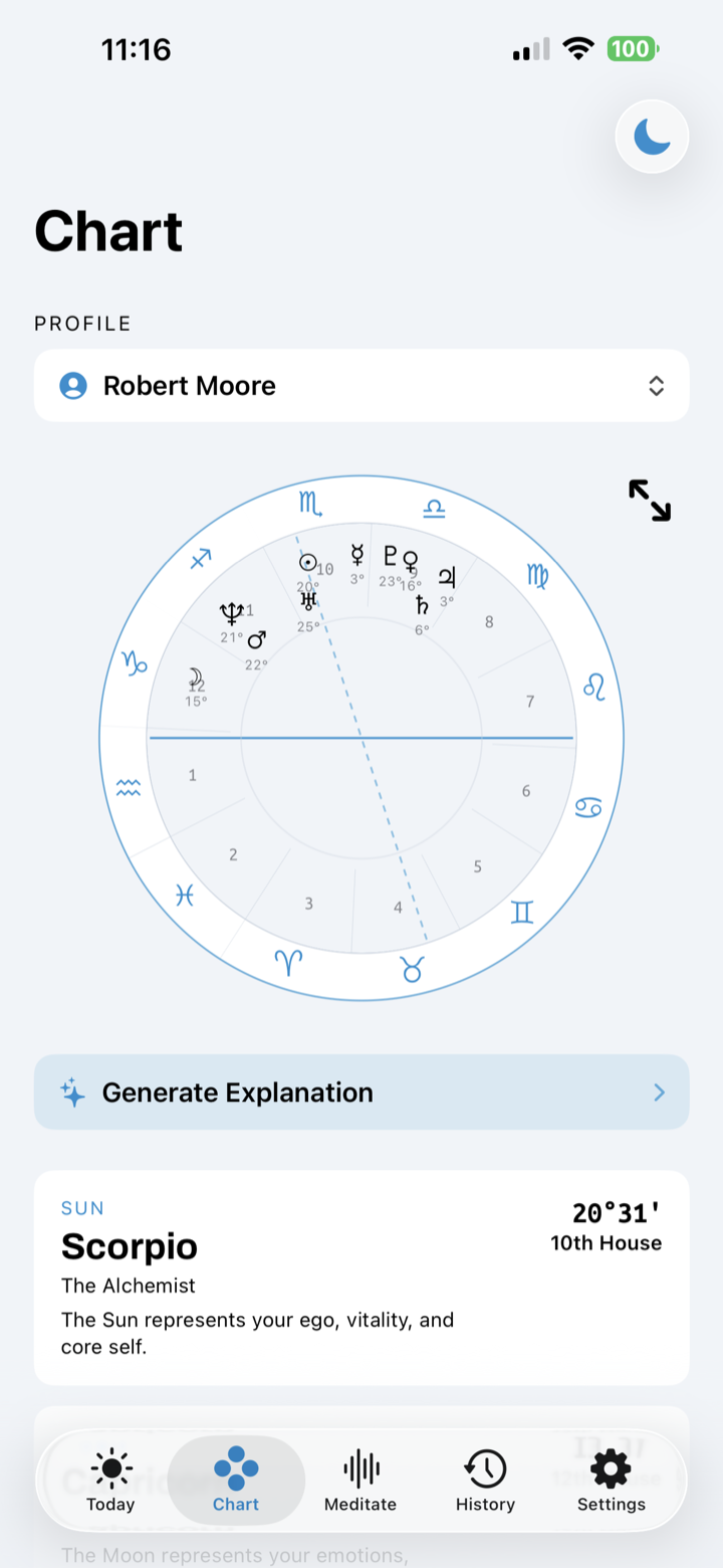 Natal chart wheel with planets and houses