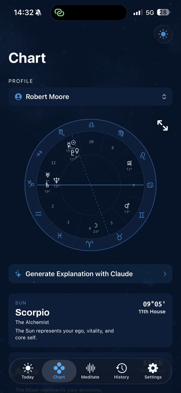 Natal chart wheel with planets and houses