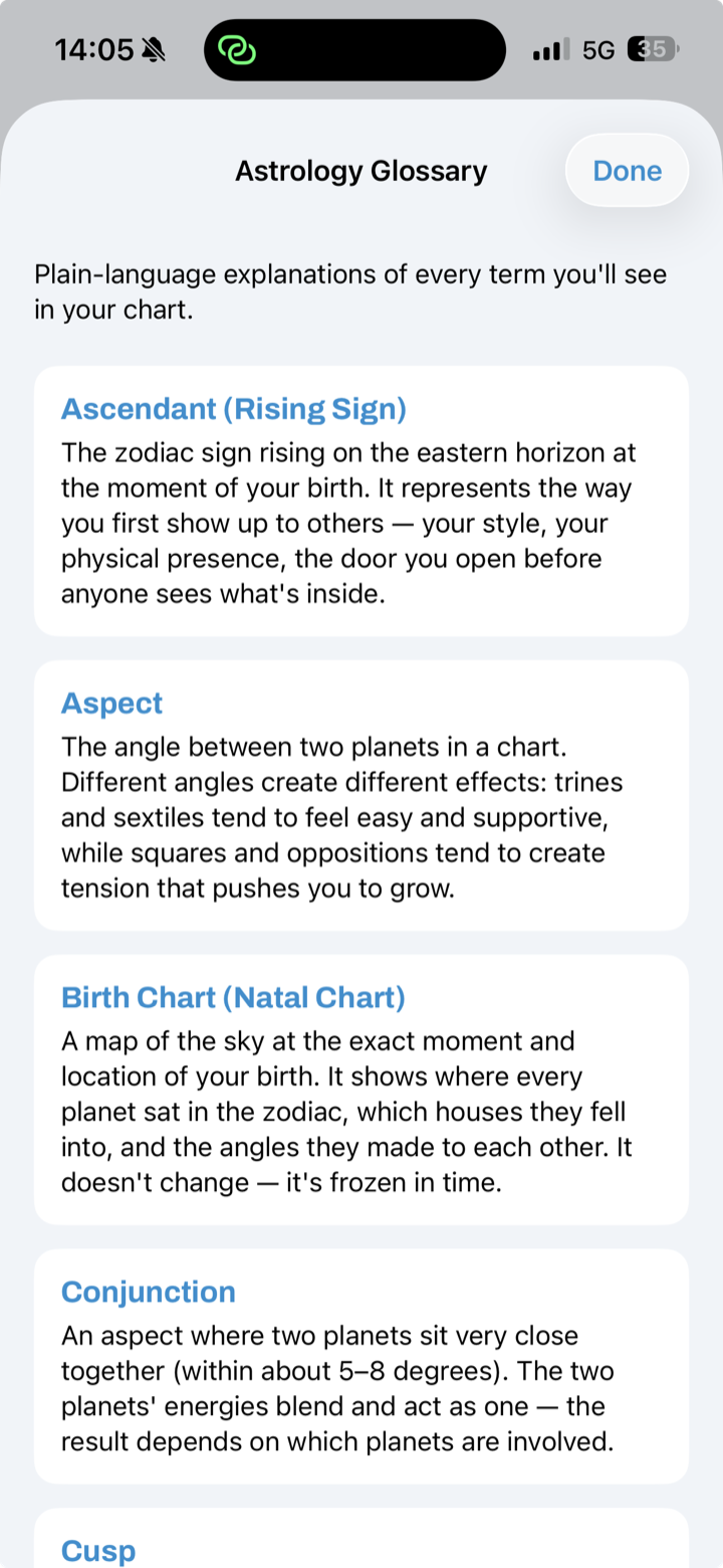 Astrology glossary with plain-language term definitions