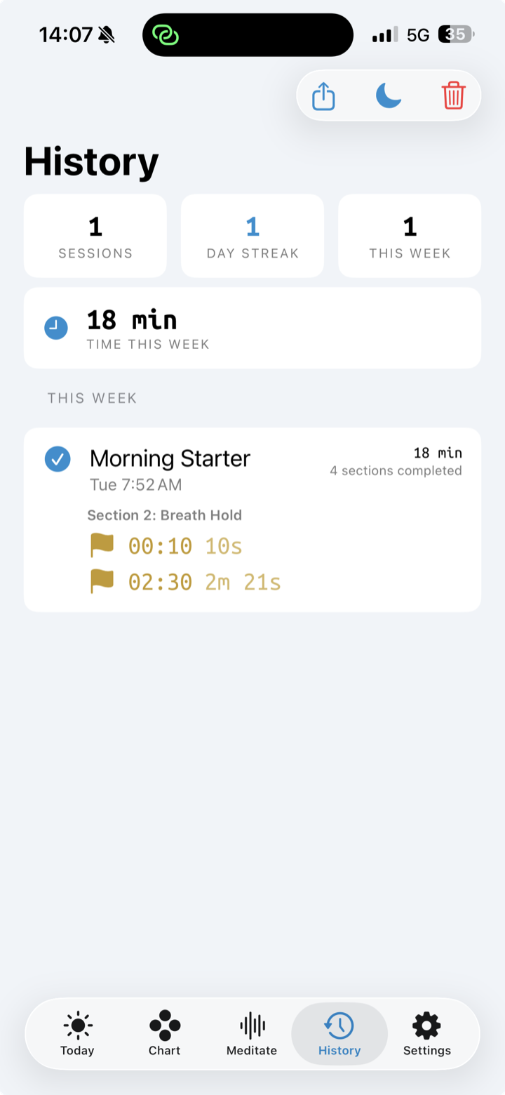 Meditation history with session log and streak