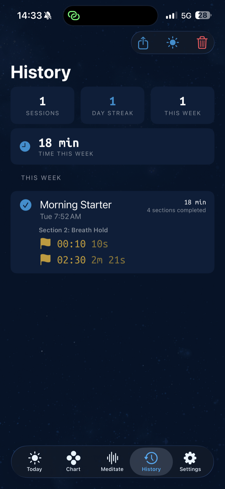 Meditation history with session log and streak