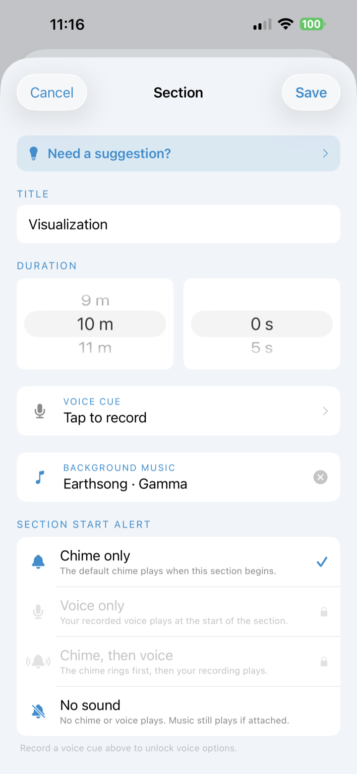 Meditation section editor with duration and music