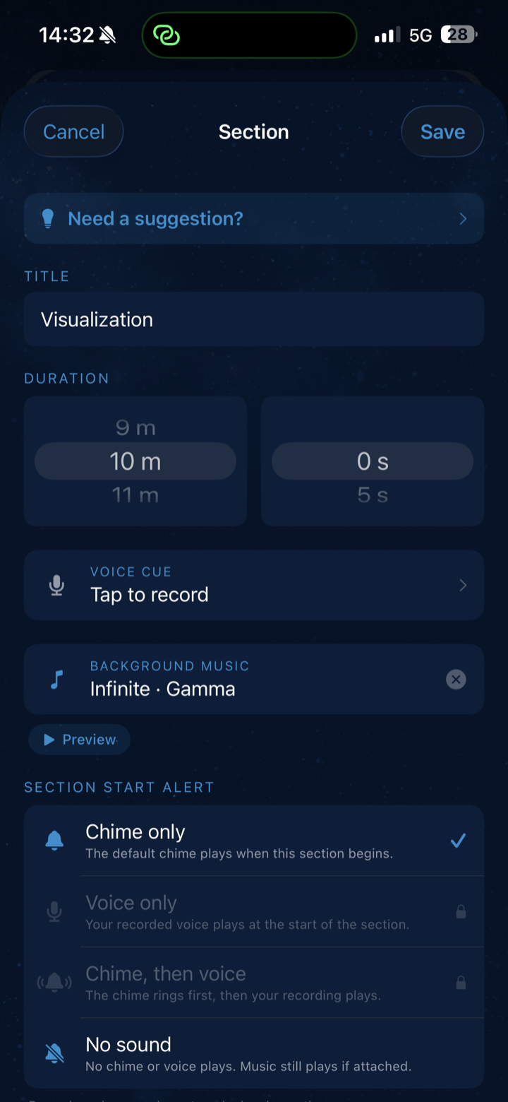 Meditation section editor with duration and music