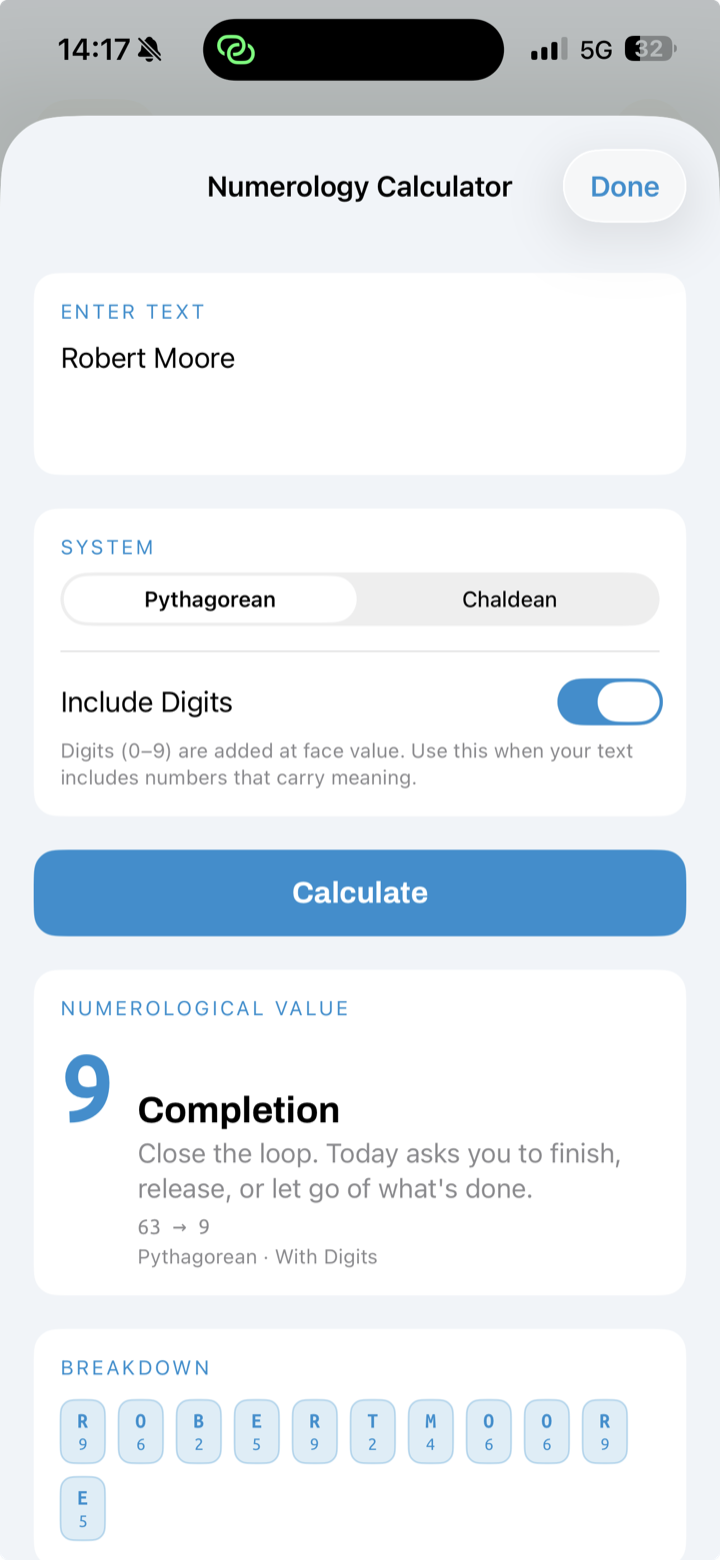 Numerology calculator with a calculated value