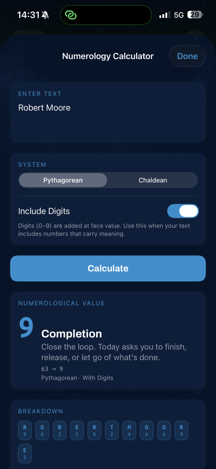 Numerology calculator with a calculated value